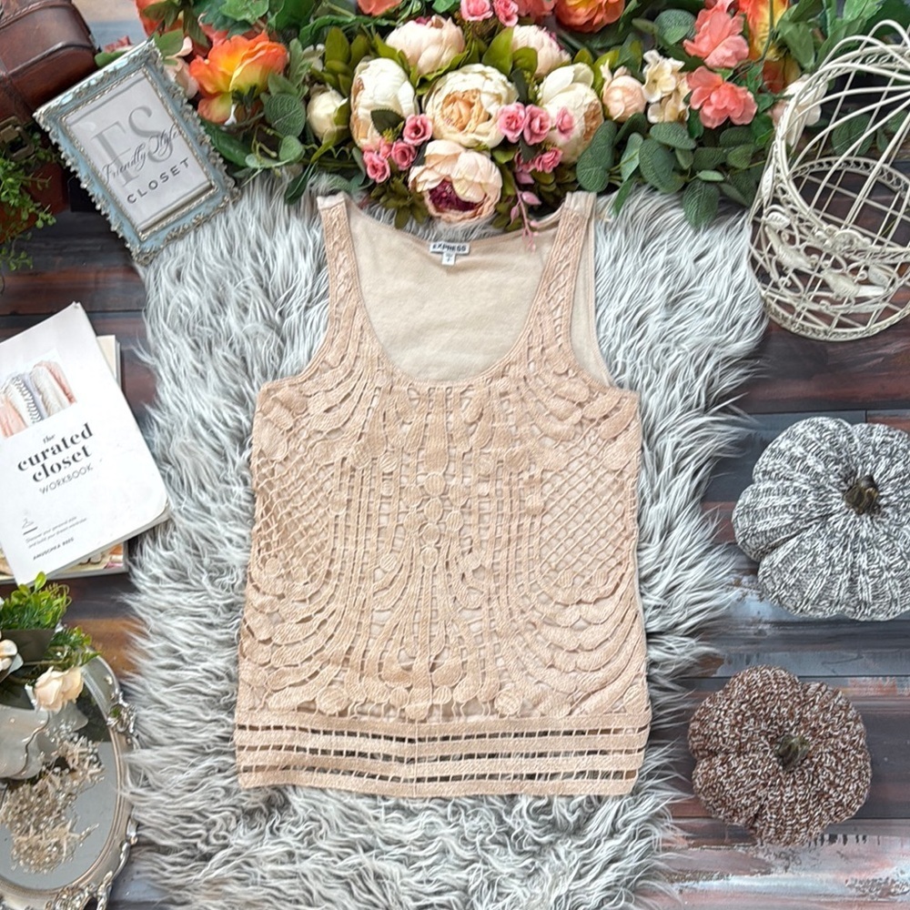 EXPRESS Vintage Y2K Elegant Beige with Metallic gold threaded crochet Top - Picture 3 of 9
